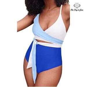 One Day in June Blue and White Wrap One Piece Swimsuit. NWOT, never worn.